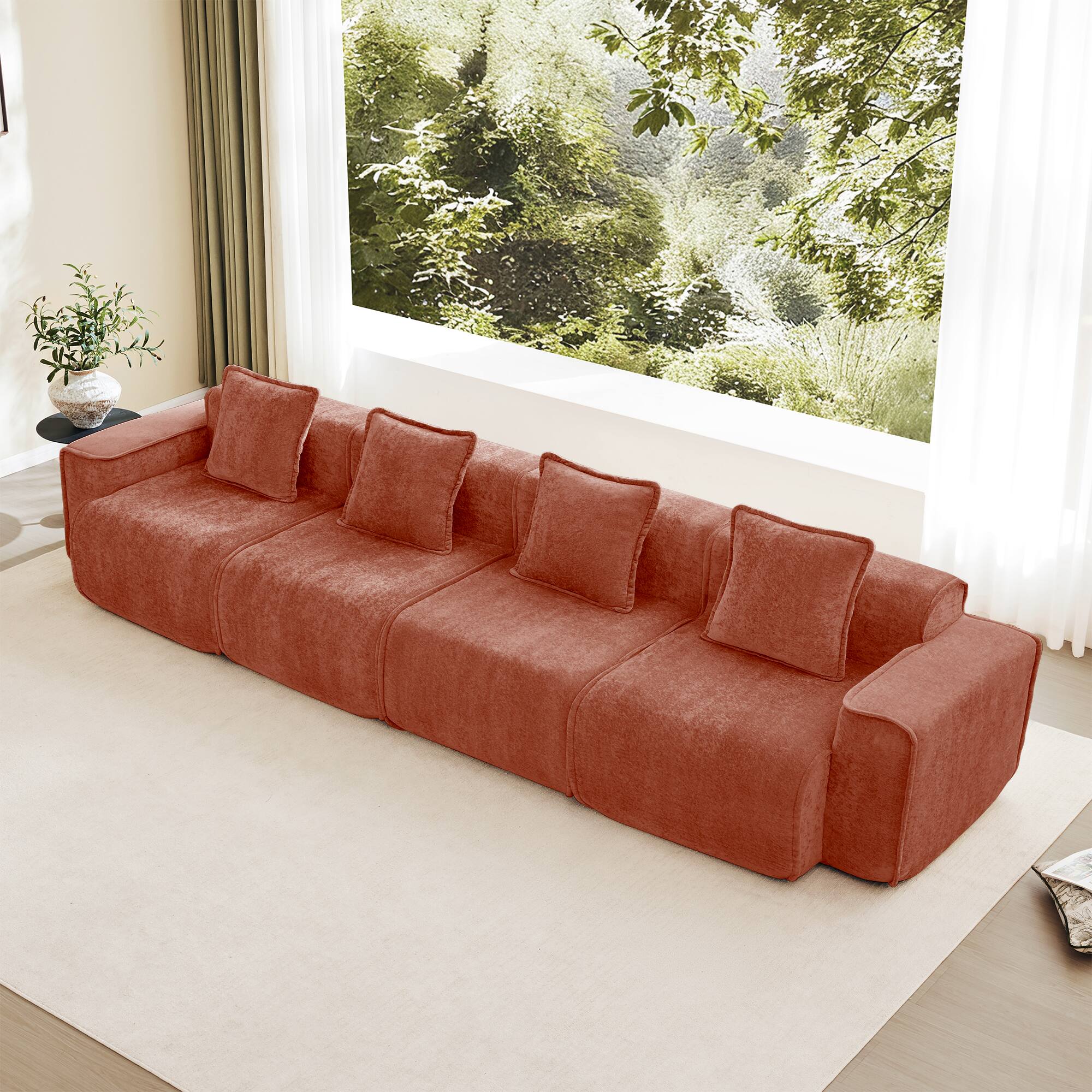 Angle. Aukfa - Streamlined Deep Seat Modular 4-Seat Boneless Sofa - French Edge Piping, No Assembly, Throw Pillows, Velvet Fabric - Red.