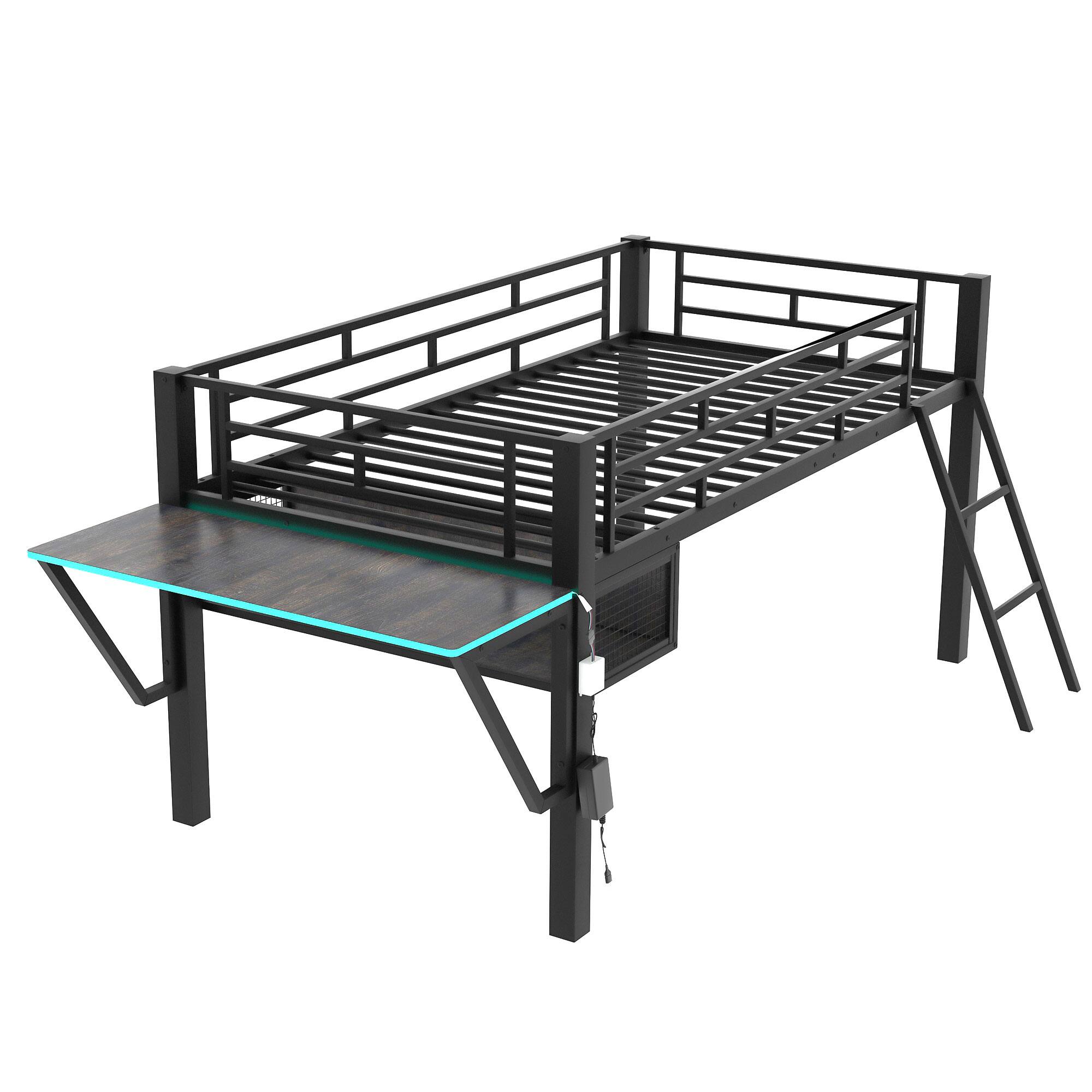 Angle. PexFix - Loft Gaming Bed with Desk & Storage, LED Kids Bed Frame with Sturdy Metal Construction for Small Bedrooms - Black.