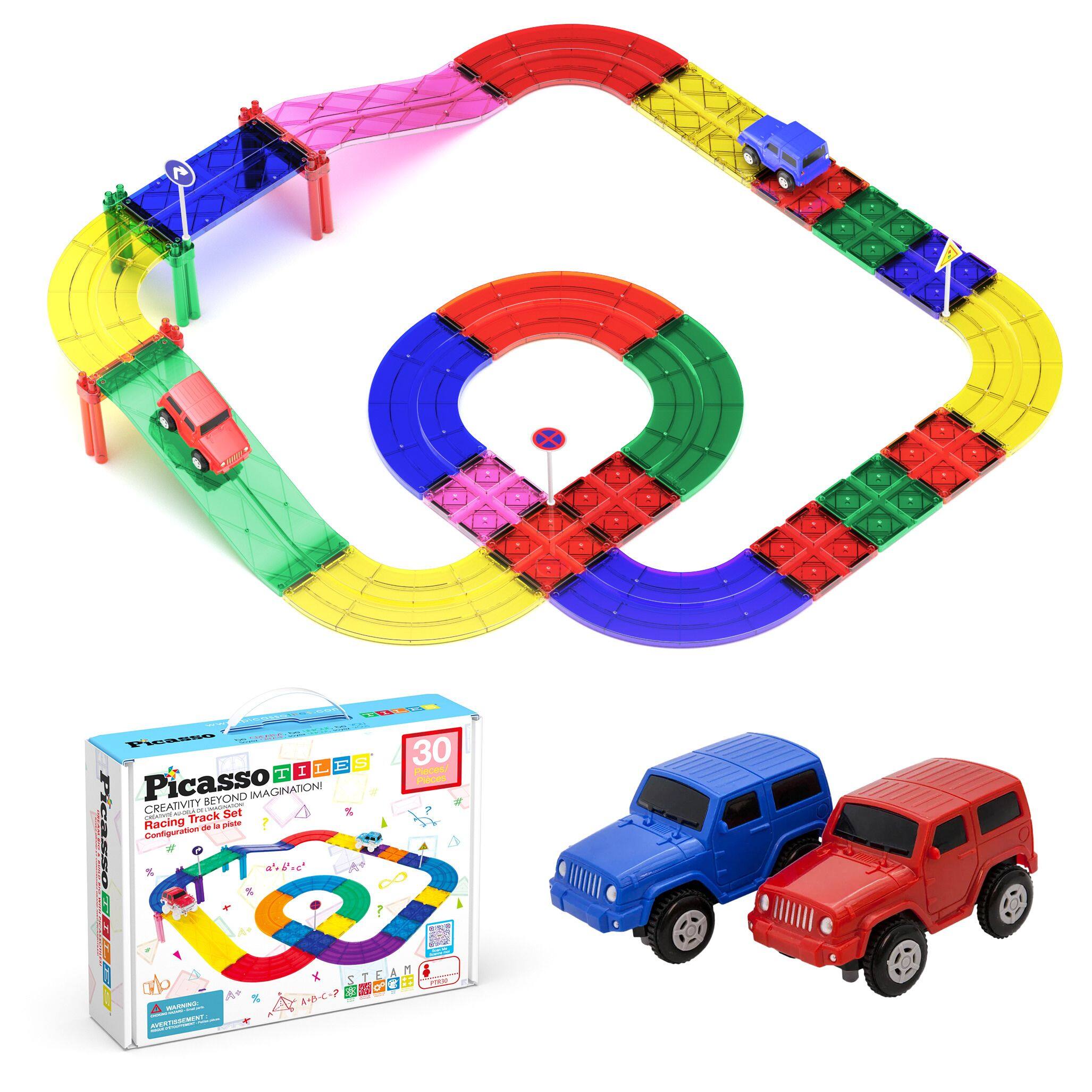 PicassoTiles - PICASSO-TILES Race Track Magnetic Tiles for Kids, 30PCS with 2 Racing Cars, STEM Building Blocks Educational Toy - Multicolor