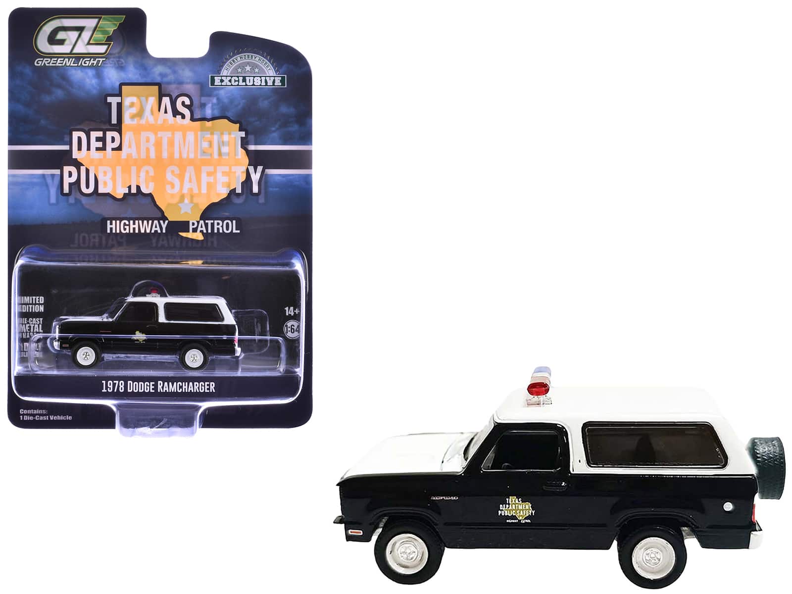 Greenlight - 1978 Dodge Ramcharger Police Vehicle Texas DPS Highway Patrol Black White Hood Top 1/64 Diecast Hobby Exclusive Series - Black with White