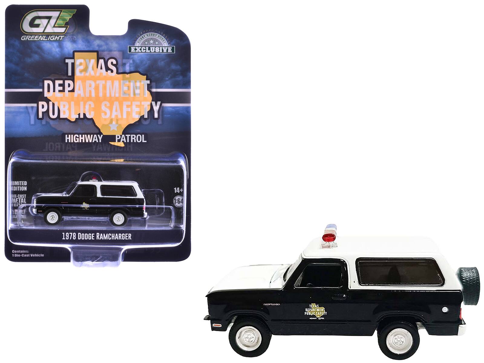 Sure, here is the corrected and grouped text from the image:

---

**Greenlight**

**Texas Department of Public Safety Highway Patrol**

**Exclusive**

**Limited Edition**

**1:64**

**1978 Dodge Ramcharger**

**Contains: 1 Die-Cast Vehicle**

**14+**

**Highway Patrol**

**Texas Department of Public Safety**

**1978 Dodge Ramcharger**

---

This text is organized to reflect the information presented on the packaging and the vehicle itself.