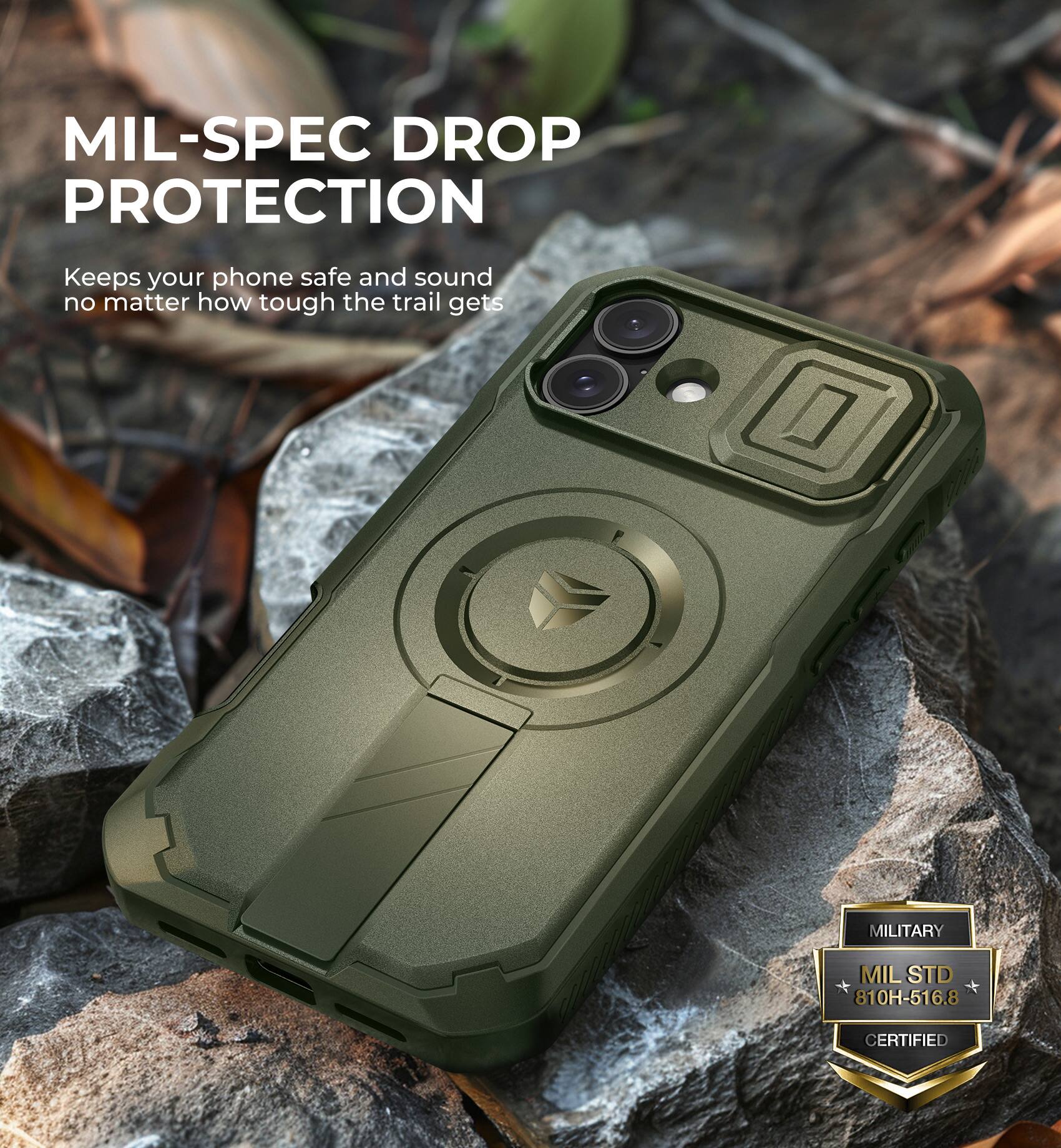 MIL-SPEC DROP PROTECTION
Keeps your phone safe and sound no matter how tough the trail gets
MILITARY MIL STD 810H-516.8 CERTIFIED