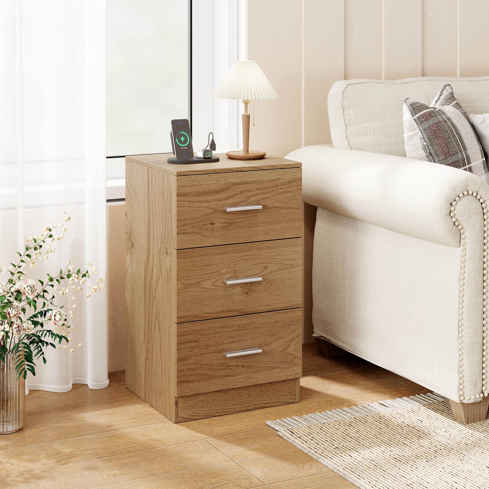 Alt View 1. Costway - Costway 2 PCS Nightstand with Charging Station, 3 Storage Drawers, Bedside Table for Bedroom - Natural.