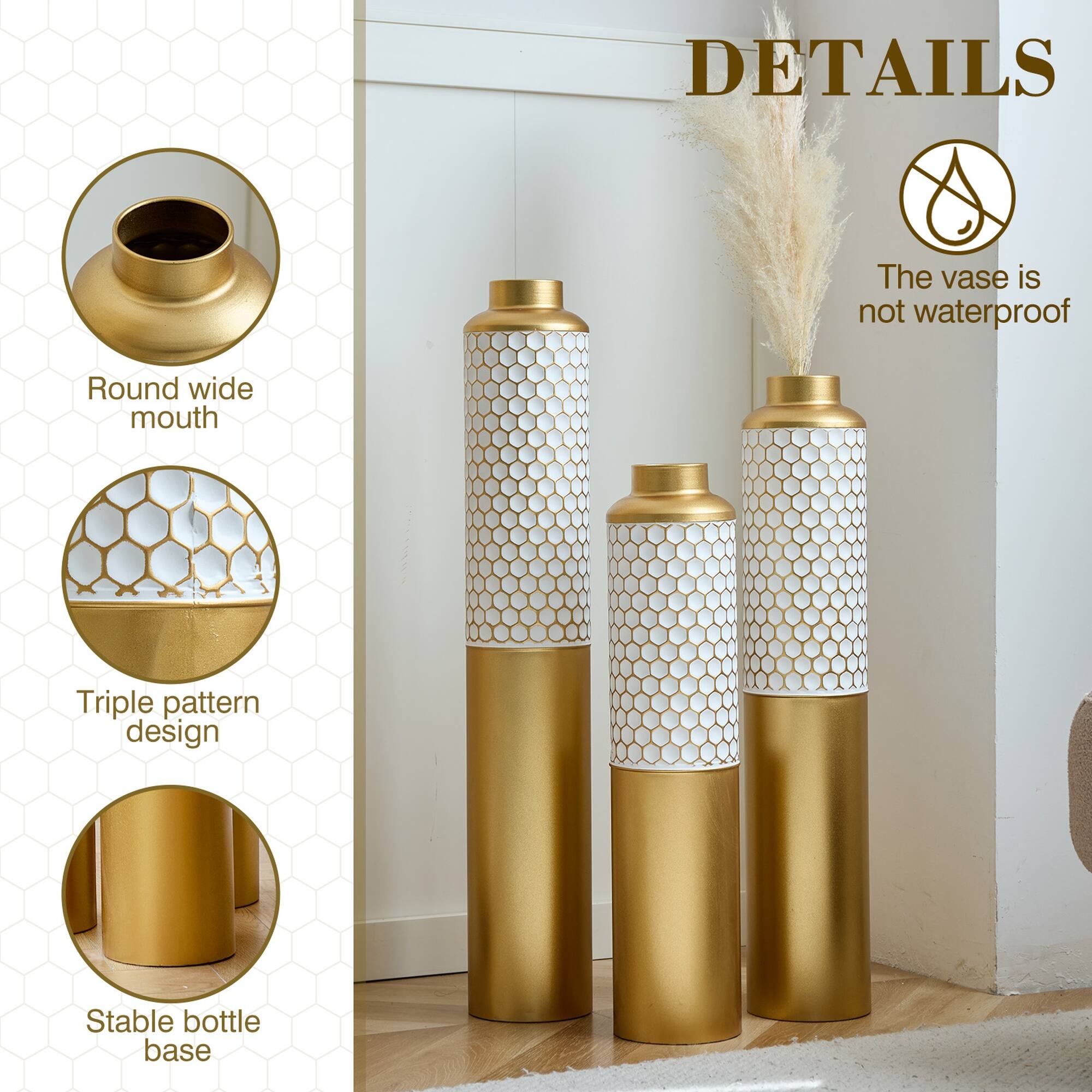 DETAILS

- The vase is not waterproof
- Round wide mouth
- Triple pattern design
- Stable bottle base