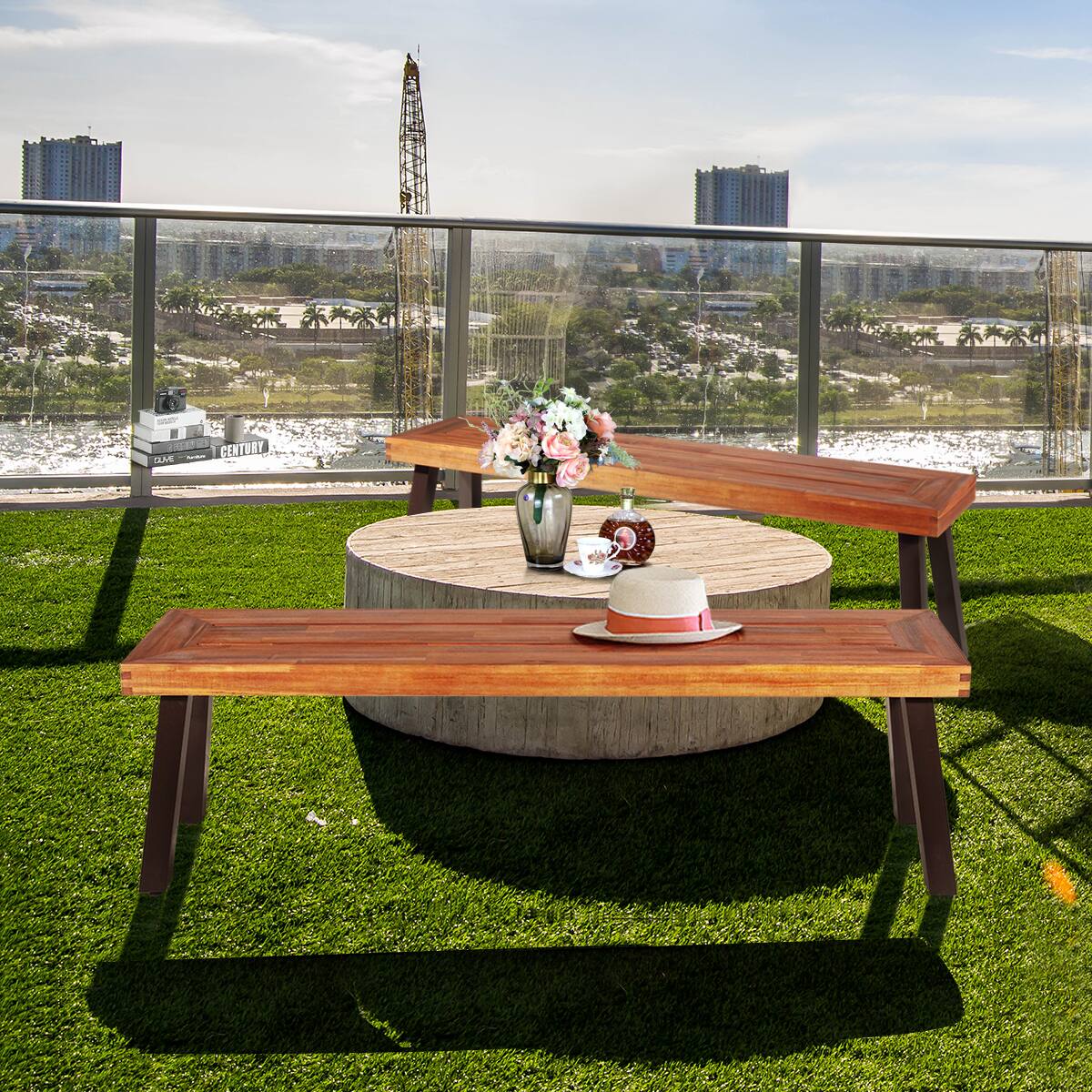 Alt View 1. Costway - Costway Set of 2 Patio Acacia Wood Dining Bench with Rustic Steel Legs Outdoor Indoor - Red brown,Dark brown.