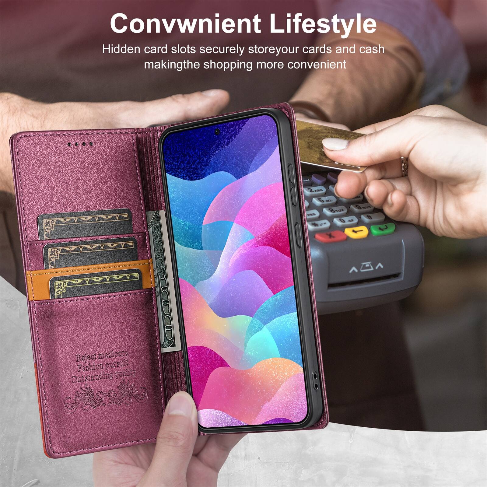Convenient Lifestyle  
Hidden card slots securely store your cards and cash making the shopping more convenient  

Reject mediocrity  
Fashion purse  
Outstanding quality