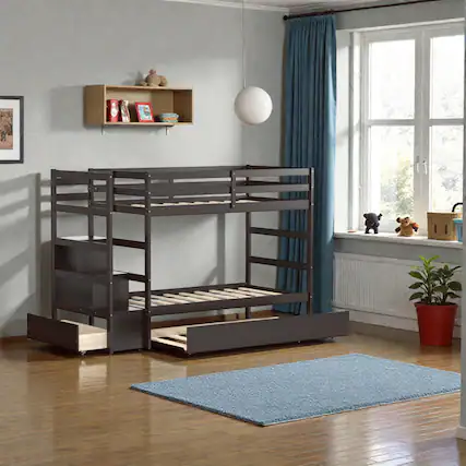 Front. Hivvago - Functional Twin Bunk Frame with Integrated Shelf and Pull-Out Drawer - Dark Brown.