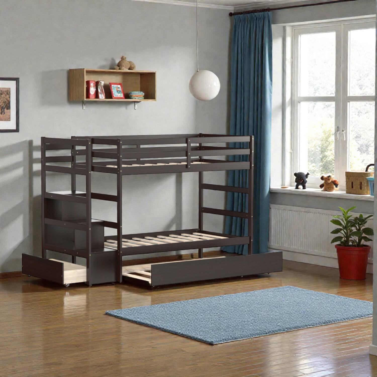 Front. Hivvago - Functional Twin Bunk Frame with Integrated Shelf and Pull-Out Drawer - Dark Brown.