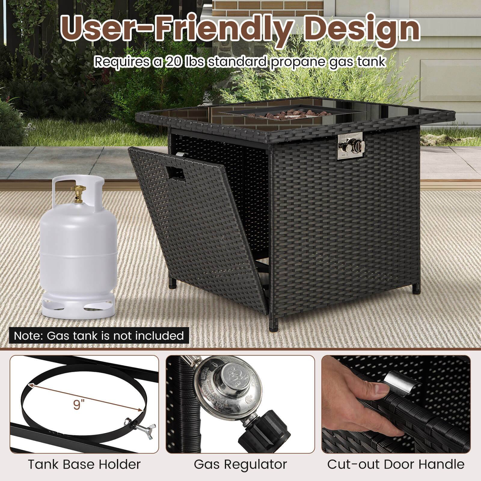 User-Friendly Design  
Requires a 20 lbs standard propane gas tank  

Note: Gas tank is not included  

9" Tank Base Holder  
Gas Regulator  
Cut-out Door Handle