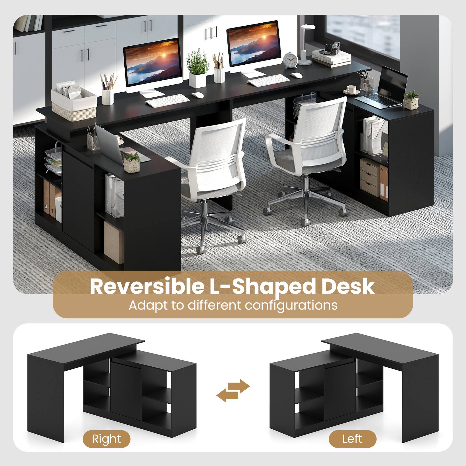 Reversible L-Shaped Desk  
Adapt to different configurations  

Right  
Left