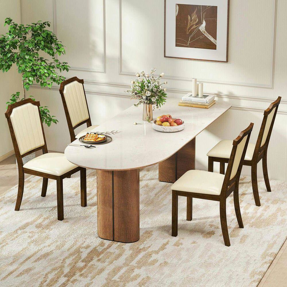 Angle. Kadyn - Set of 2 Dining Chairs with PU Leather Seat and Rubberwood Frame, Brown and Beige Finish - Brown.