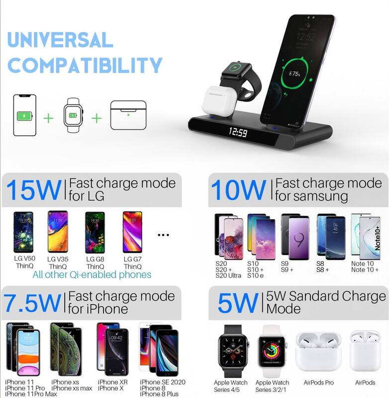 UNIVERSAL COMPATIBILITY

15W | Fast charge mode for LG  
- LG V50  
- LG V35  
- LG G8  
- LG G7  
- ThinQ  
- ThinQ  
- ThinQ  
- ThinQ  
- All other Qi-enabled phones  

10W | Fast charge mode for Samsung  
- Note 10+  
- S20  
- S10  
- S9  
- S8  
- Note 10  
- S20+  
- S10+  
- S9+  
- S8+  
- Note 10+  
- S20 Ultra  
- S10 e  

7.5W | Fast charge mode for iPhone  
- iPhone 11  
- iPhone XS  
- iPhone XR  
- iPhone 11 Pro  
- iPhone XS Max  
- iPhone X  
- iPhone 11 Pro Max  
- iPhone SE 2020  
- iPhone 8  
- iPhone 8 Plus  

5W | Standard Charge Mode  
- Apple Watch  
- Apple Watch Series 4/5  
- Series 3/2/1  
- AirPods Pro  
- AirPods