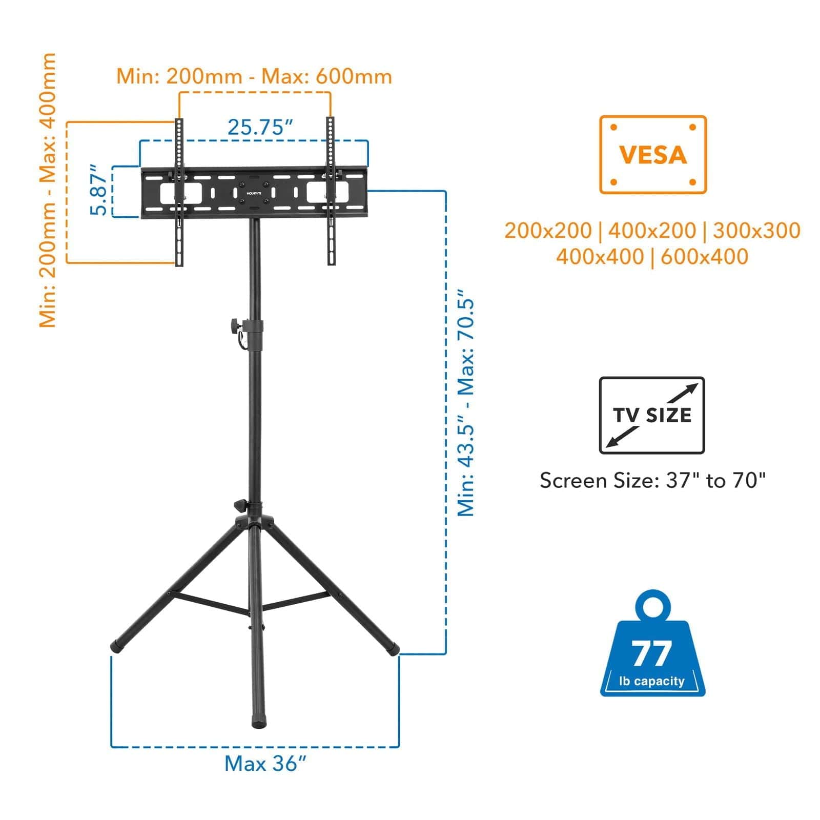 - **Mounting Range:**
  - Min: 200mm - Max: 600mm

- **Dimensions:**
  - Width: 25.75" (654mm)
  - Height: 5.87" (149mm)
  - Max Height: 70.5" (1790mm)
  - Min Height: 43.5" (1105mm)
  - Max Extension: 36"

- **VESA Compatibility:**
  - 200x200 | 400x200 | 300x300 | 400x400 | 600x400

- **Screen Size:**
  - 37" to 70"

- **Weight Capacity:**
  - 77 lb