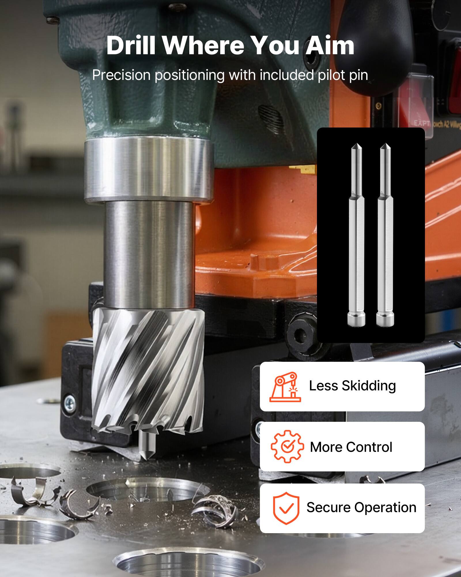 Drill Where You Aim  
Precision positioning with included pilot pin  

Less Skidding  
More Control  
Secure Operation