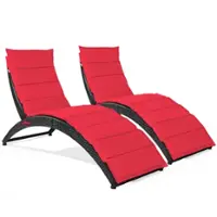 Costway 2PCS Folding Patio Rattan Lounge Chair Chaise Cushioned Portable Garden - Red - Front_Zoom