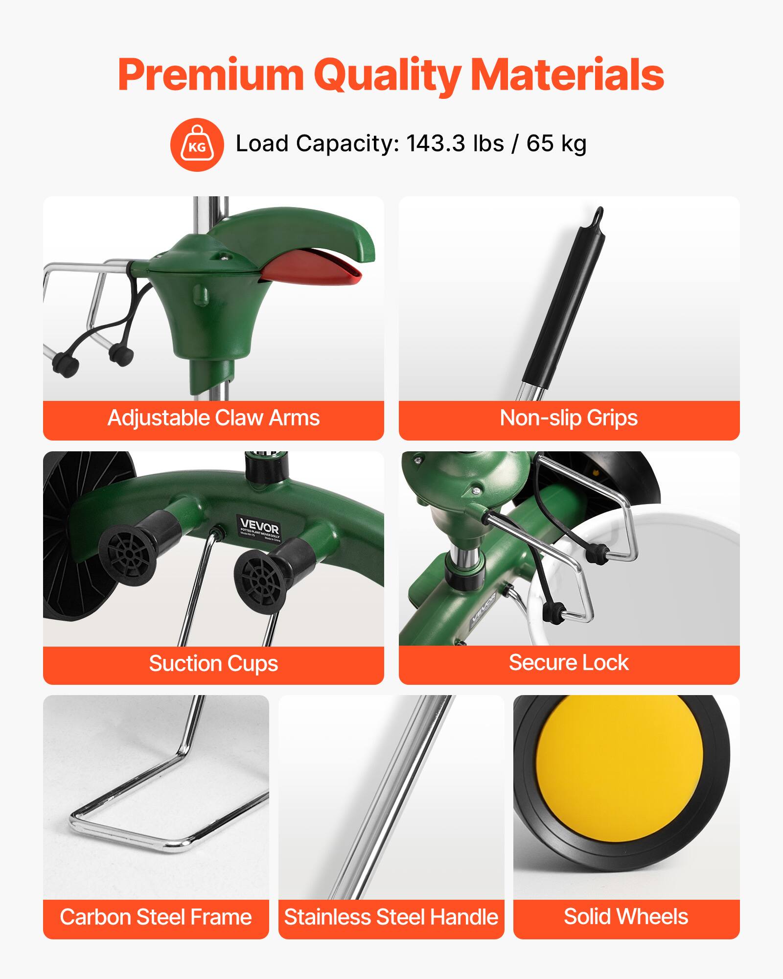 Premium Quality Materials

Load Capacity: 143.3 lbs / 65 kg

- Adjustable Claw Arms
- Non-slip Grips
- Suction Cups
- Secure Lock
- Carbon Steel Frame
- Stainless Steel Handle
- Solid Wheels