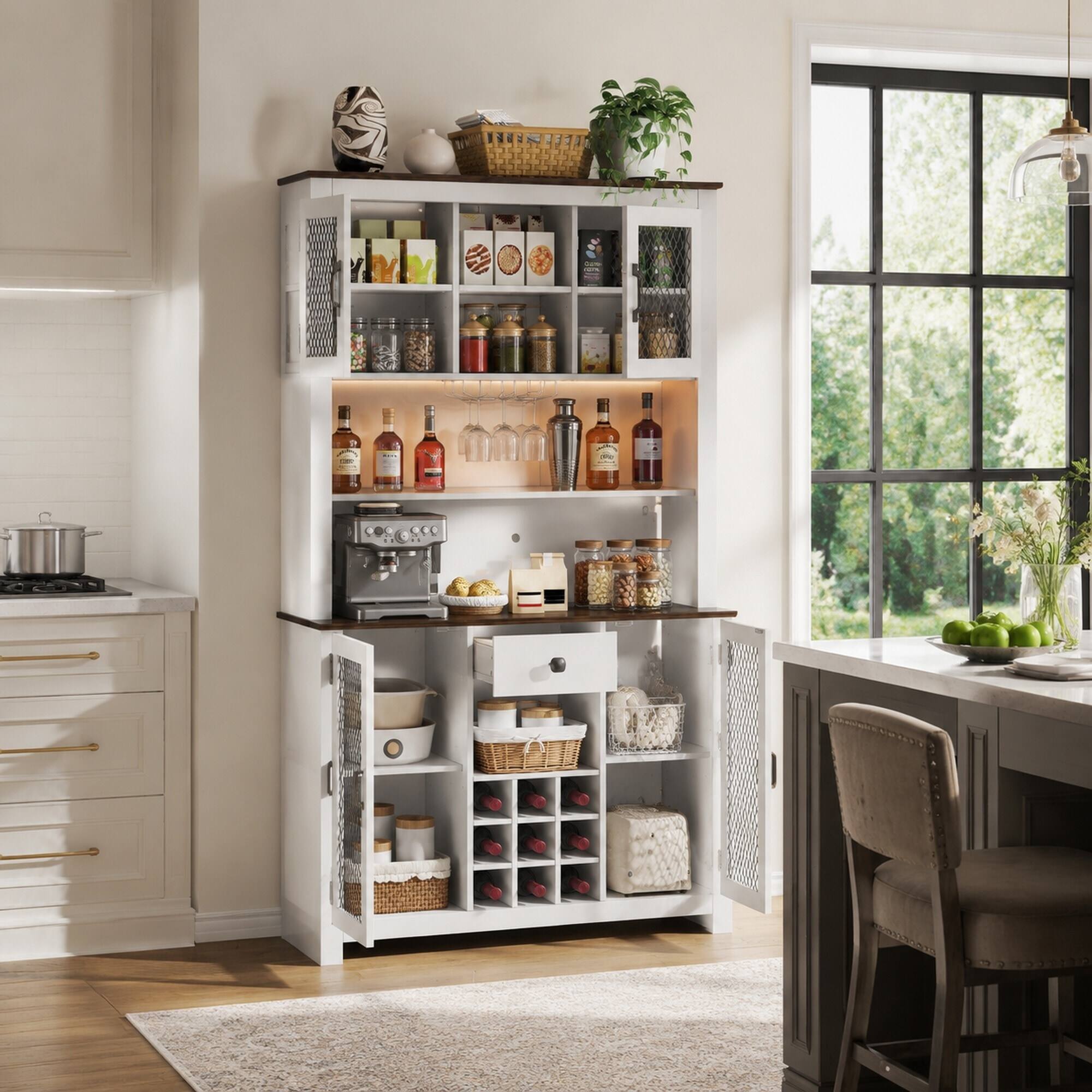 RYHNUYNE Freestanding 70.9 Inch Kitchen Pantry Cabinet with LED Outlets ...