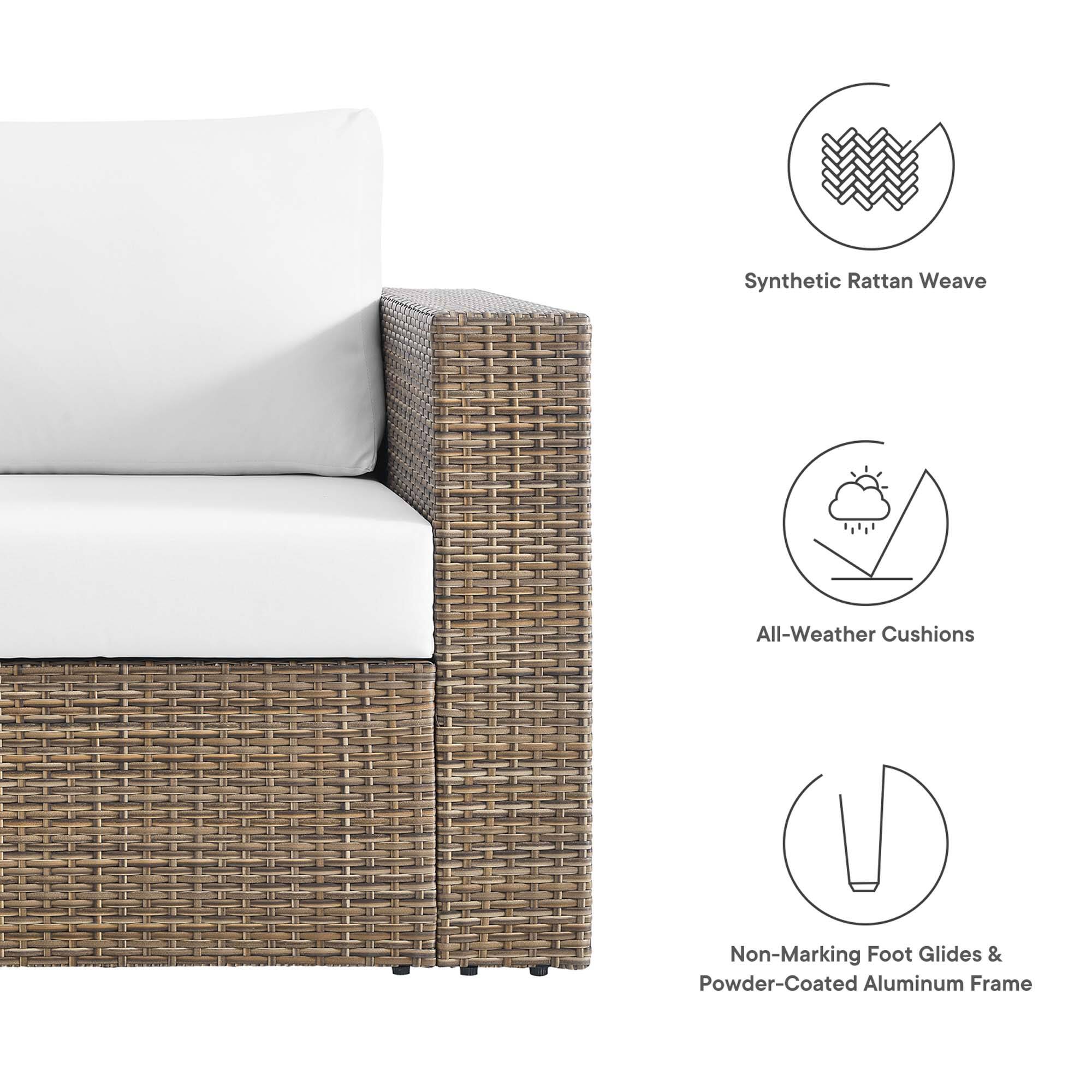 - Synthetic Rattan Weave
- All-Weather Cushions
- Non-Marking Foot Glides & Powder-Coated Aluminum Frame
