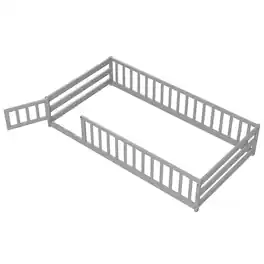 Costway - Twin Size Floor Bed with Door & Fence with Safety Guardrails & Slats Support - Gray