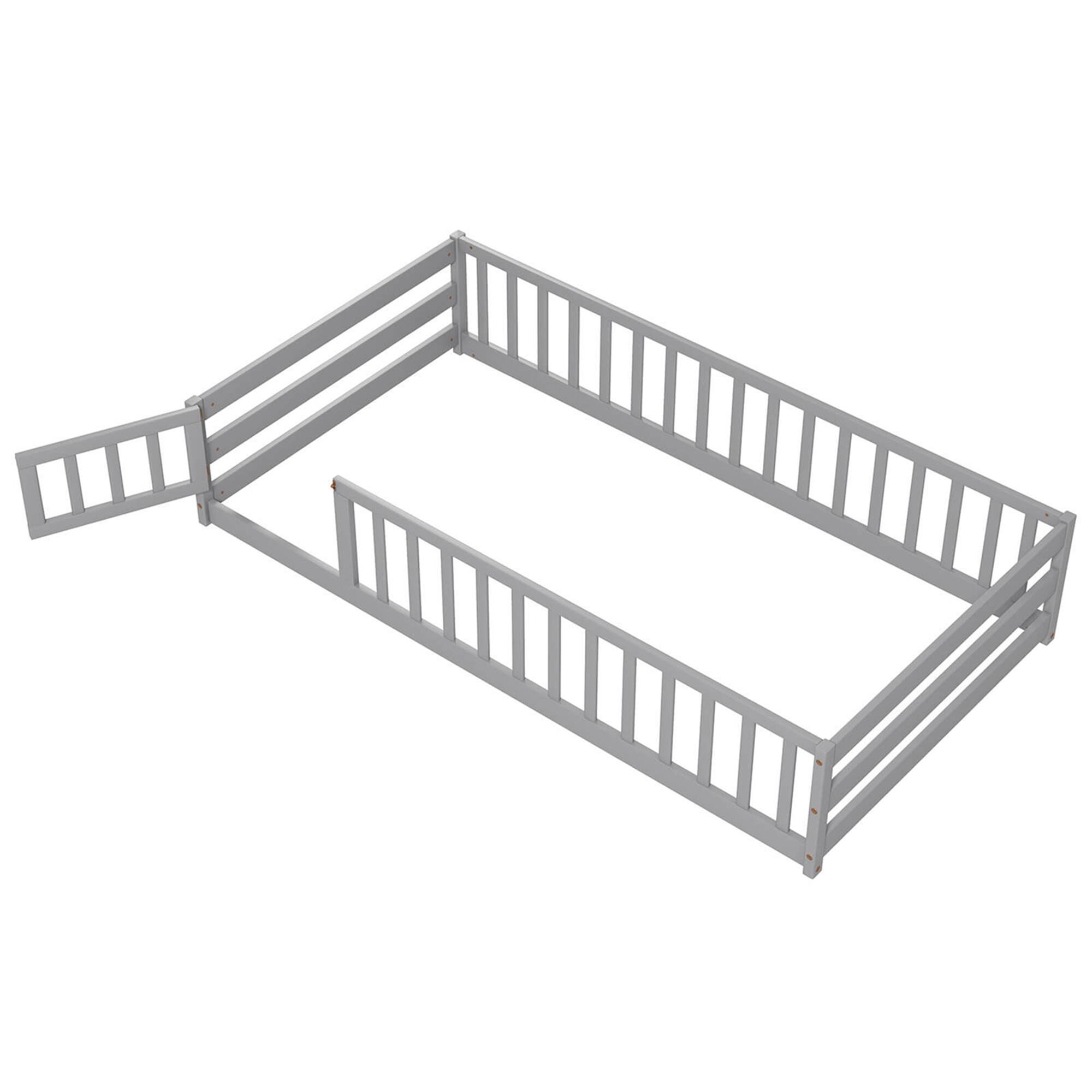 Costway - Twin Size Floor Bed with Door & Fence with Safety Guardrails & Slats Support - Gray
