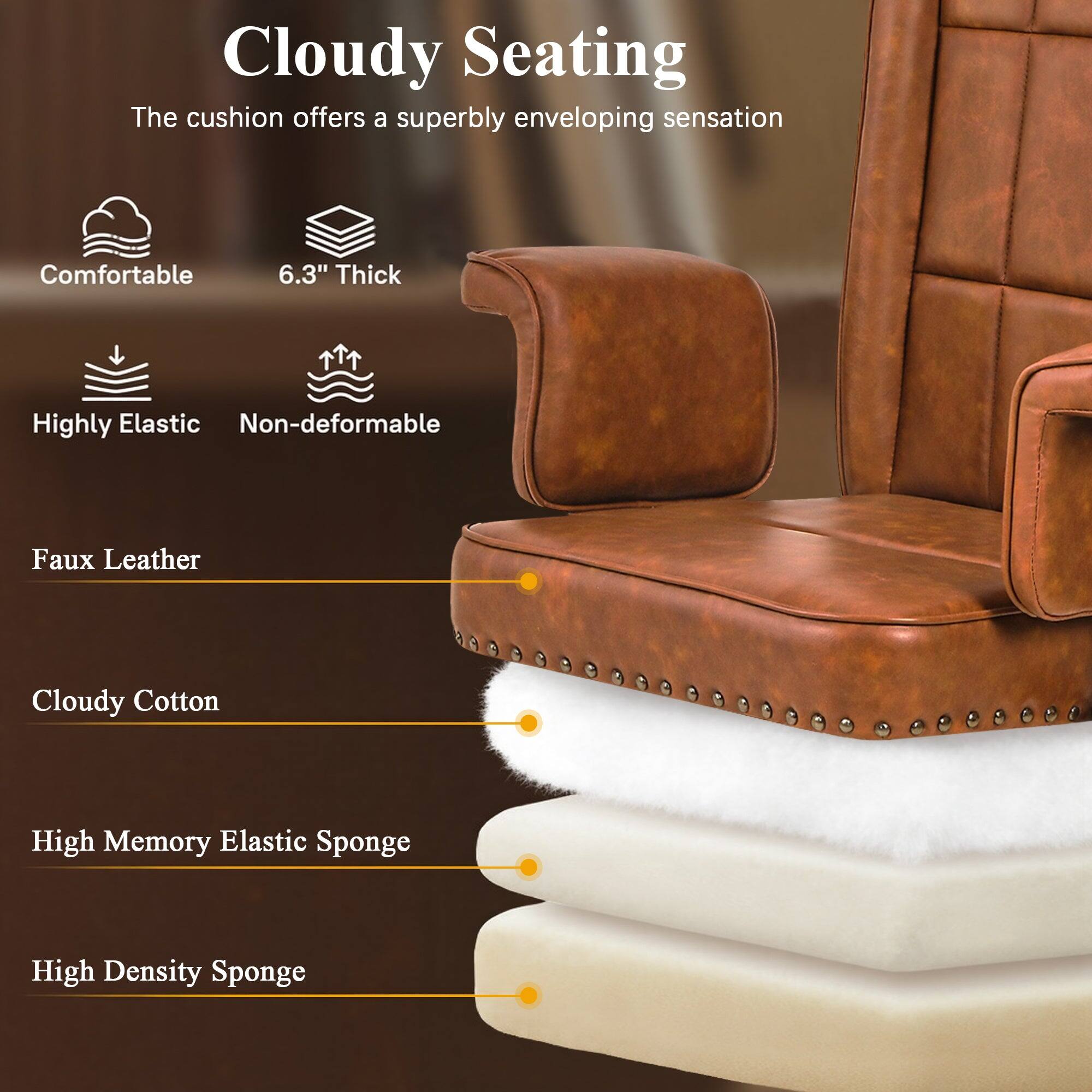 Cloudy Seating  
The cushion offers a superbly enveloping sensation  

Comfortable  
6.3" Thick  
Highly Elastic  
Non-deformable  

Faux Leather  
Cloudy Cotton  
High Memory Elastic Sponge  
High Density Sponge