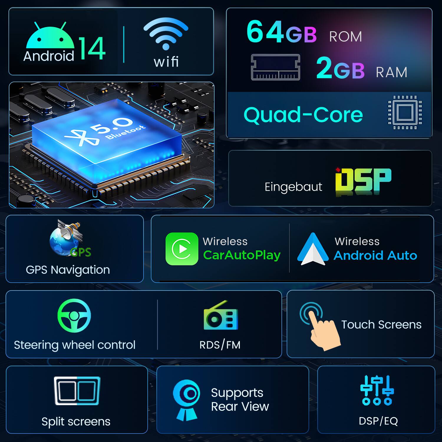 - Android 14
- WiFi
- Bluetooth 5.0
- 64GB ROM
- 2GB RAM
- Quad-Core
- Built-in DSP
- GPS Navigation
- Wireless CarAutoPlay
- Wireless Android Auto
- Steering wheel control
- RDS/FM
- Touch Screens
- Split screens
- Supports Rear View
- DSP/EQ
