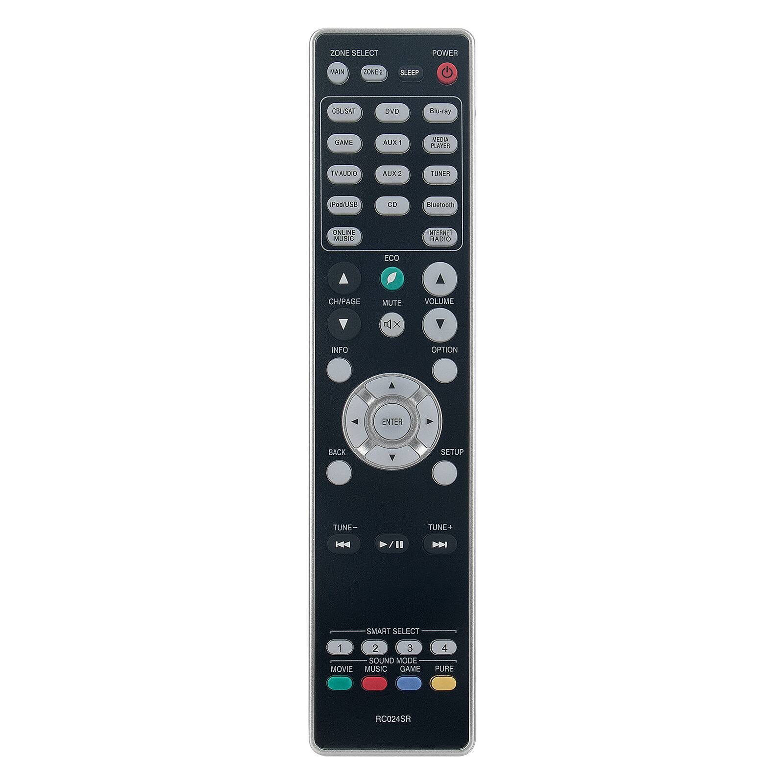 ZONE SELECT  
MAIN ZONE2  

CBL/SAT DVD GAME TVAUDIO AUX CO  
X1 X2 X3 X4  

ONLINE MUSIC  

POWER SLEEP  

DVD Blu-ray MEDIA PLAYER TUNER  

CH/PAGE MUTE VOLUME  

INFO OPTION ENTER BACK SETUP  

TUNE- TUNE+  

SMART SELECT  
1 MOVIE 2 SOUND 3 GAME 4 PURE  

RC024SR
