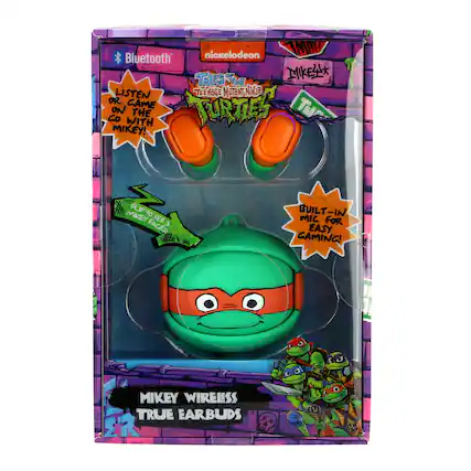 Bluetooth Nickelodeon Tales of the Teenage Mutant Ninja Turtles. Listen or Game on the Mikey! Go on with the Turtles. Flip to Mikey see 3 faces. Built-in mic for easy gaming! V1 Mikey Wireless True Earbuds
