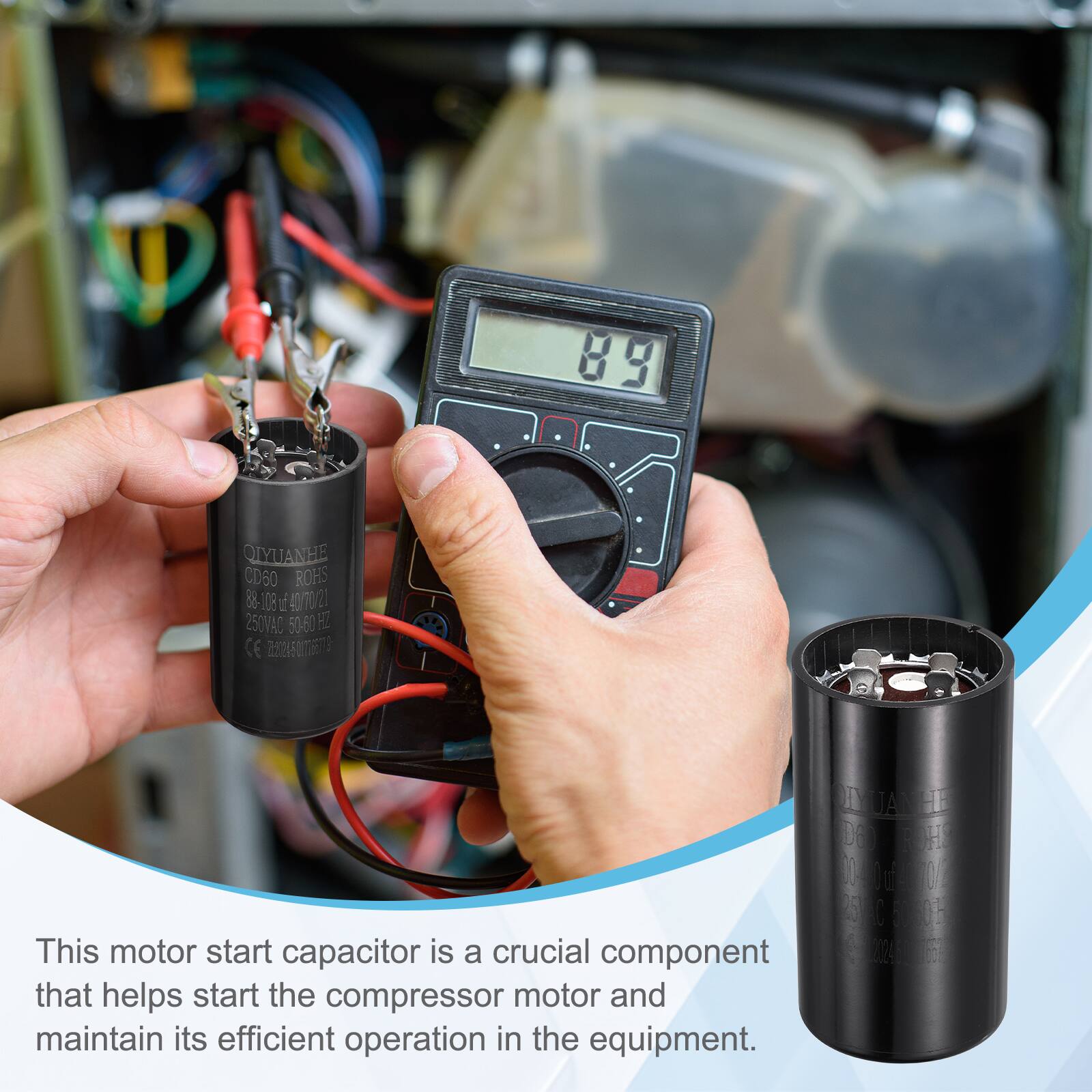 89 QLYUANHE CD60 ROHS 88-108 1 40/70 23 250VAD 50-60 HI CE R IUA JA E DO ROH 00 Iu m 25 C O

This motor start capacitor is a crucial component that helps start the compressor motor and maintain its efficient operation in the equipment.