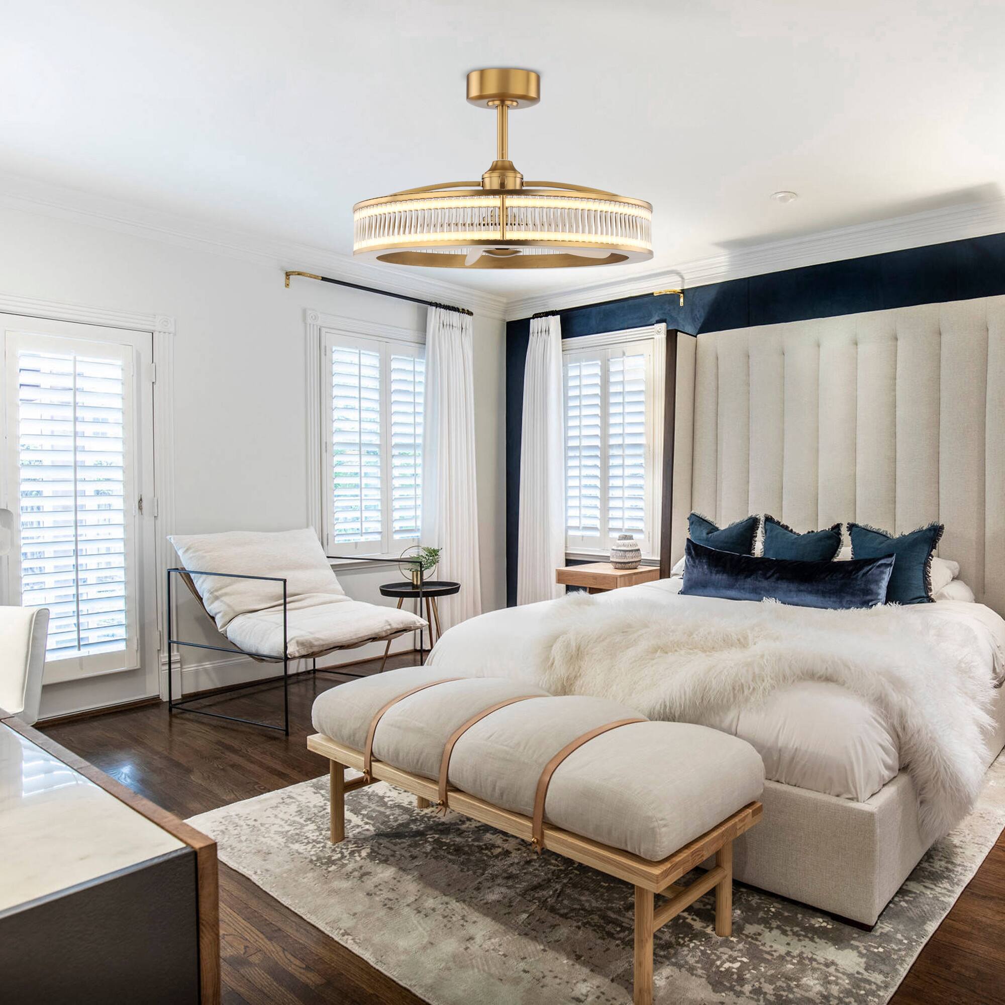 Left. Perimost - 30" Modern Gold Crystal Shade Chandelier Ceiling Fan with Remote and LED - Gold.