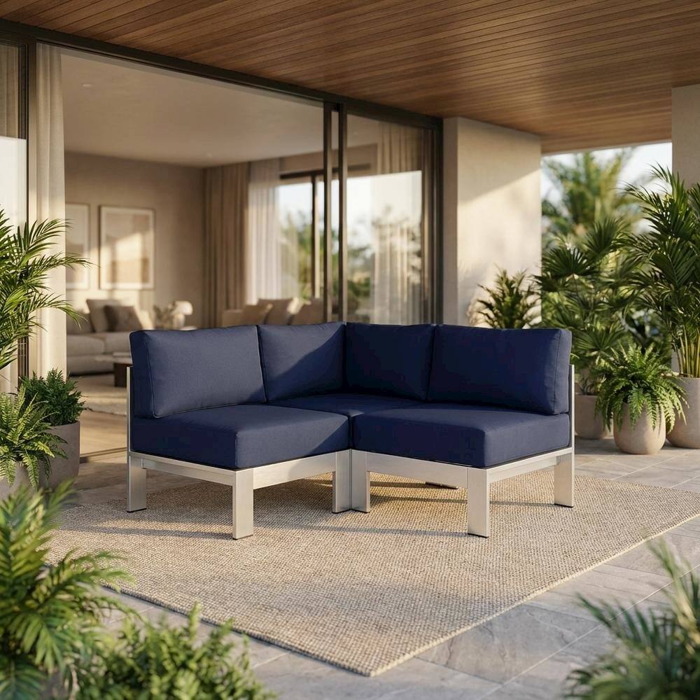 Angle. Outdoor Escape - Aluminum Corner Sofa For Outdoor Patio With Cushioned Seating - Silver.