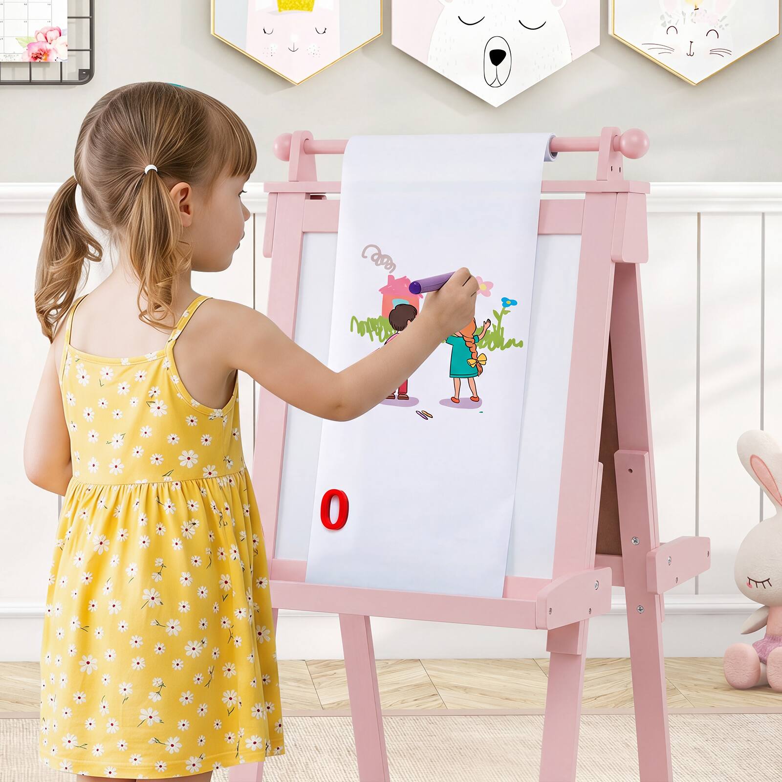 Alt View 1. Costway - Costway 3-In-1 Kids Art Easel with Magnetic White Board, Chalkboard, Paper Roll & Holder - Pink.