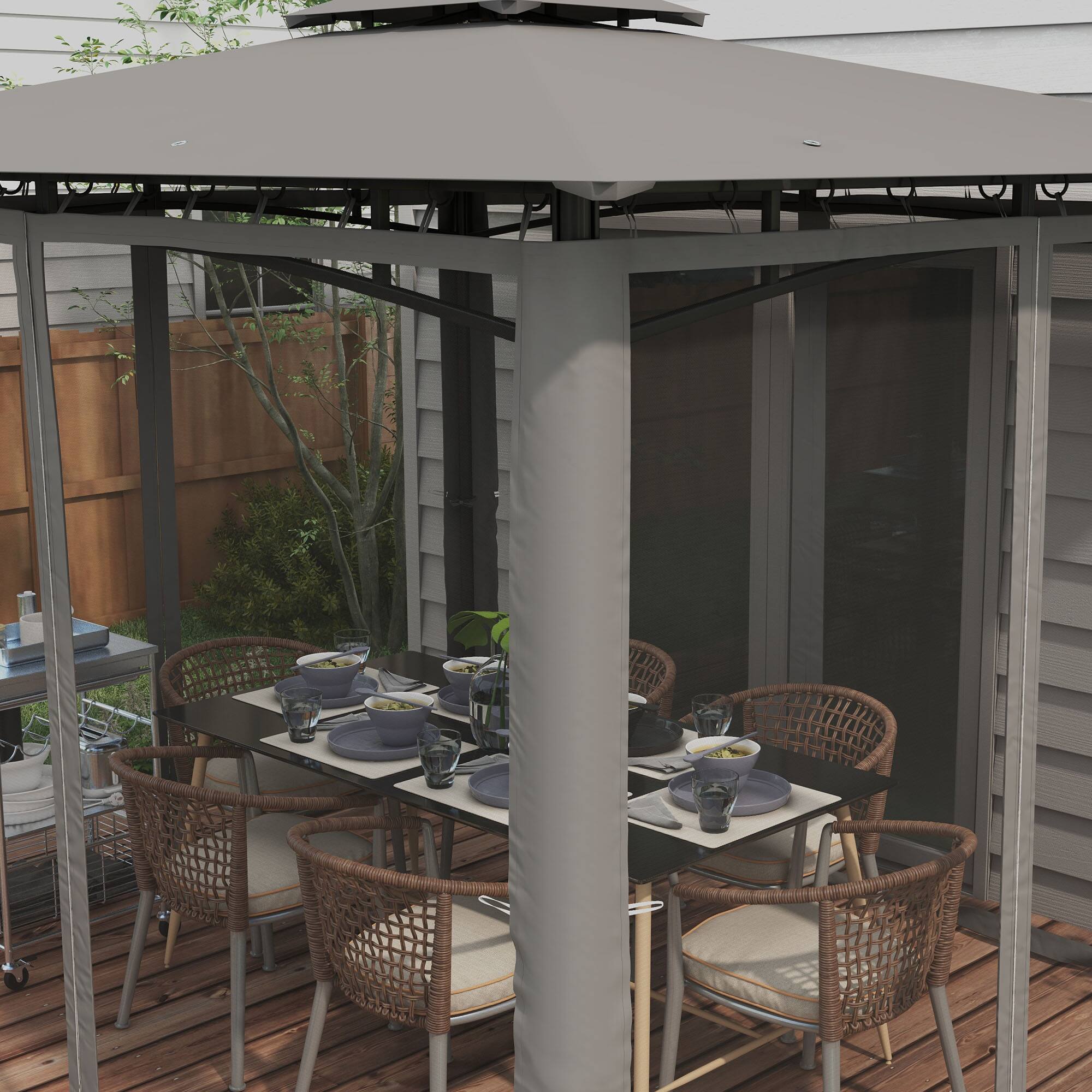 Alt View 8. Outsunny - 10' x 12' Patio Gazebo with Netting, Double Roof Outdoor Gazebo Canopy Shelter, Solid Metal Frame - Dark Gray.