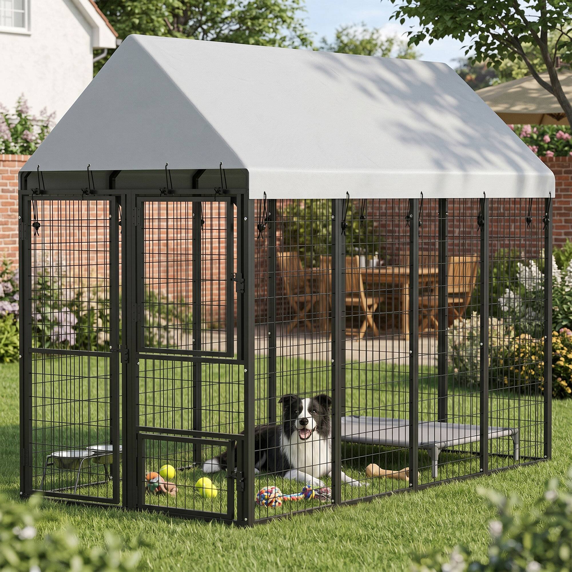 Alt View 8. Pawhut - Dog Kennel Outdoor with Roof, 3 Doors, Expandable Heavy Duty Dog Kennel Dog Run for All Breed Sizes - Black.