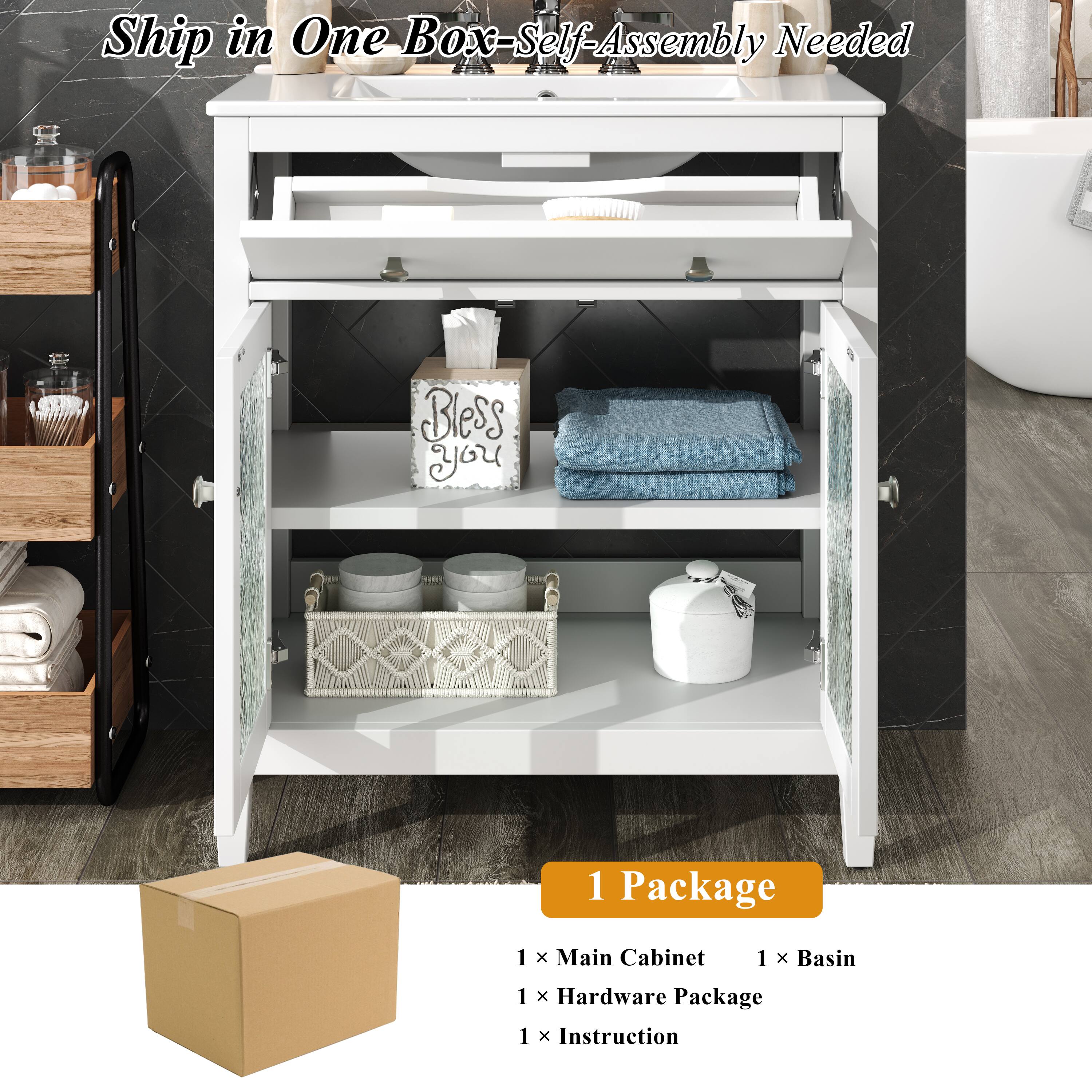 Ship in One Box - Self-Assembly Needed

1 Package
- 1 x Main Cabinet
- 1 x Basin
- 1 x Hardware Package
- 1 x Instruction