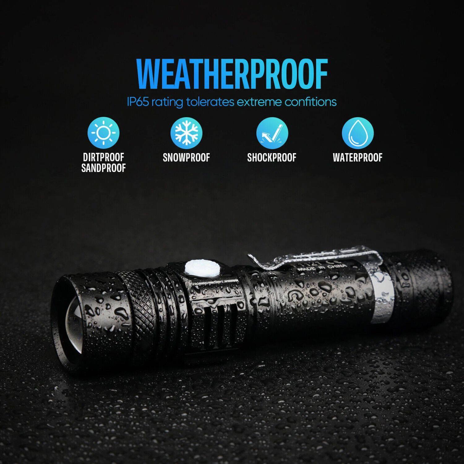 WEATHERPROOF  
IP65 rating tolerates extreme conditions  

DIRT PROOF  
SAND PROOF  
SNOW PROOF  
SHOCK PROOF  
WATER PROOF  

MADE IN CHINA