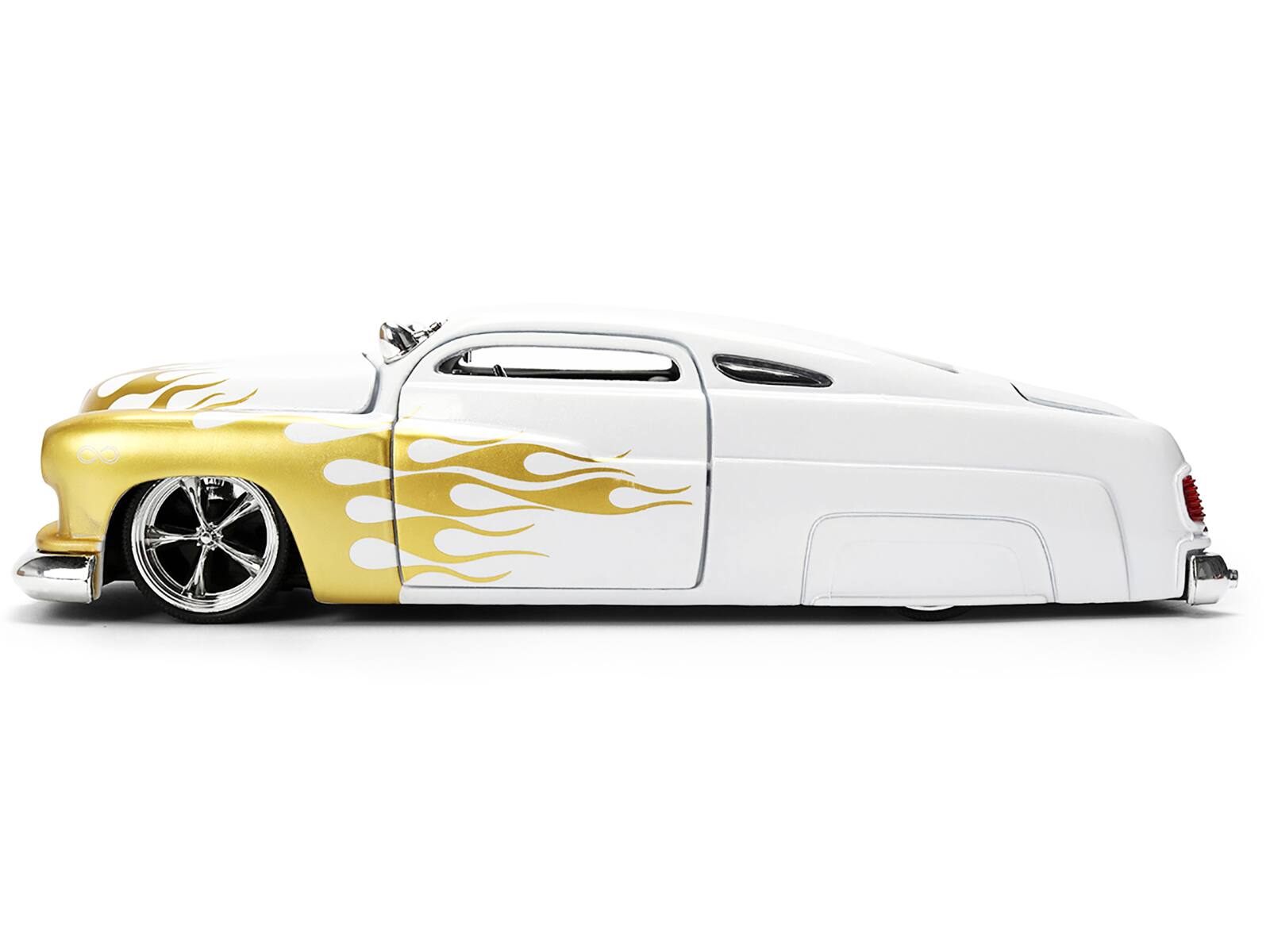 Left. Jada - 1951 Mercury Coupe White with Gold Flames "Bigtime Muscle" Series 1/24 Diecast Model Car by Jada - White with Gold.