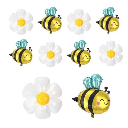 Front. DORLUKFU - 10pcs Bee and Daisy Flower Balloons, Foil Cute Smile Face Honeybee Balloons Daisy Flower Honey Bee Theme Birthday - As Shown in the Picture.