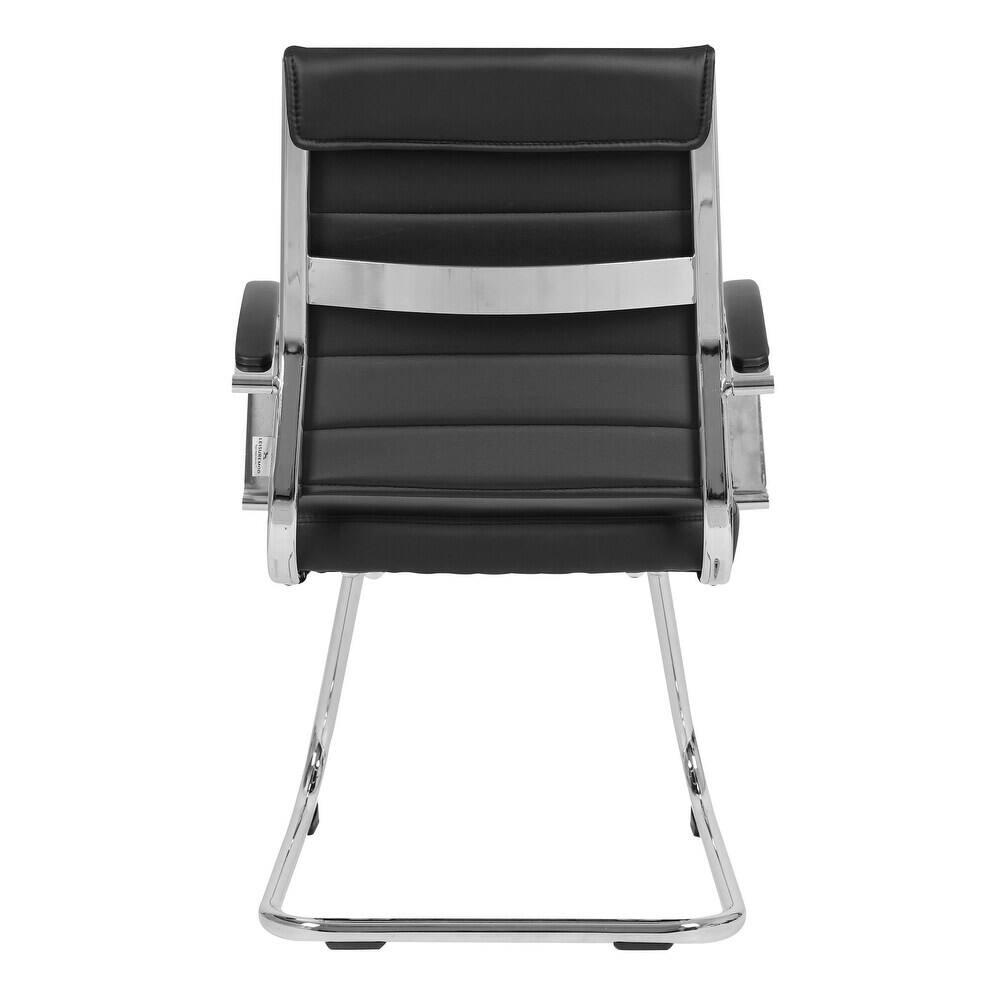 Alt View 6. LeisureMod - Set of 2 Benmar Ribbed Leather Upholstered Office Chair with Chrome Arms and Sled Base Desk Seating for Home or Office - Black.