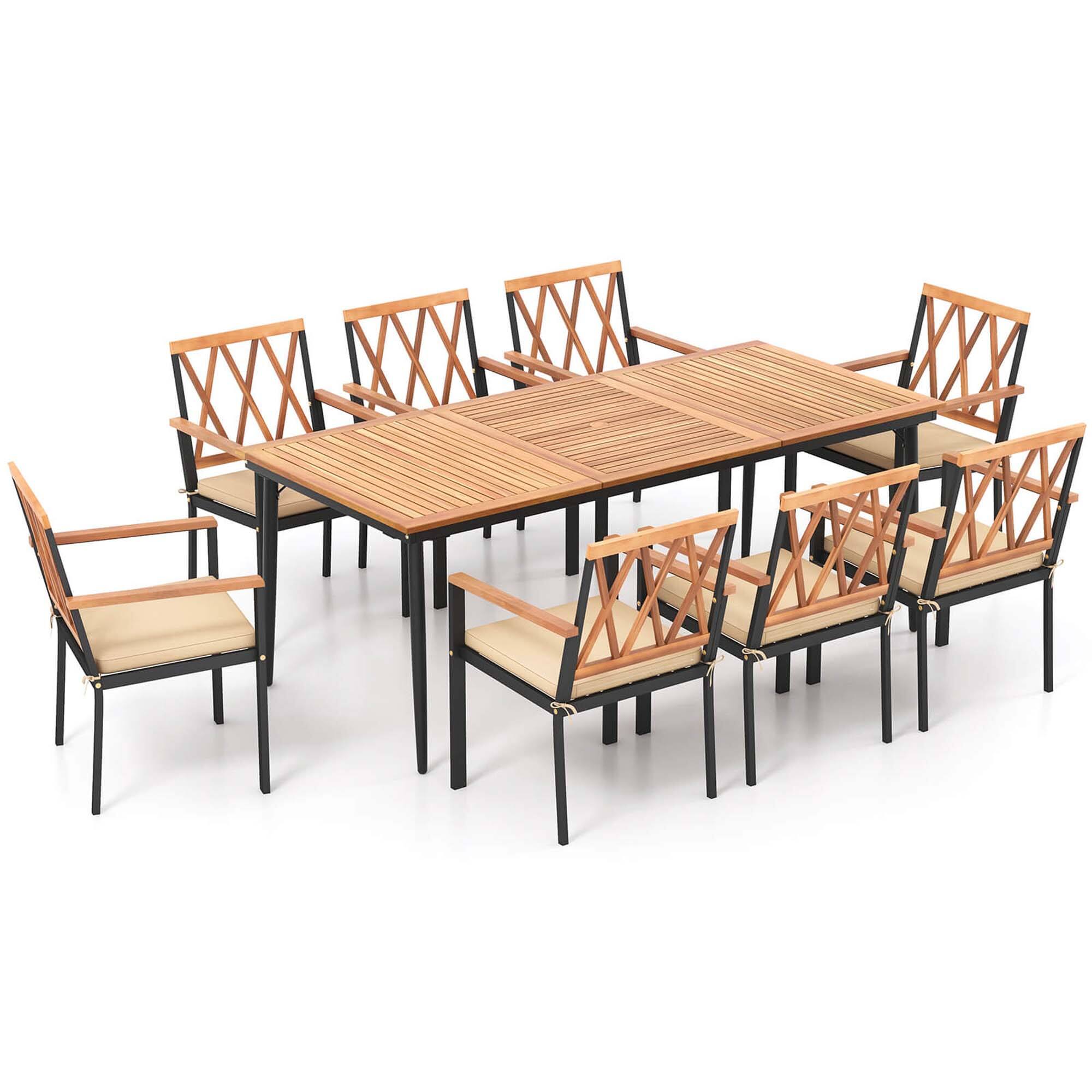 Alt View 6. Costway - 9 PCS Patio Dining Set Table with 1.9" Umbrella Hole & 8 Dining Chairs Outdoor - Natural & Black.