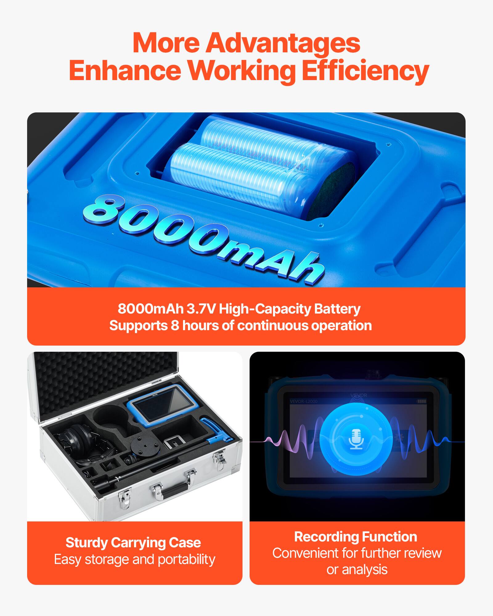 More Advantages Enhance Working Efficiency

8000mAh 3.7V High-Capacity Battery Supports 8 hours of continuous operation

Sturdy Carrying Case Easy storage and portability

Recording Function Convenient for further review or analysis