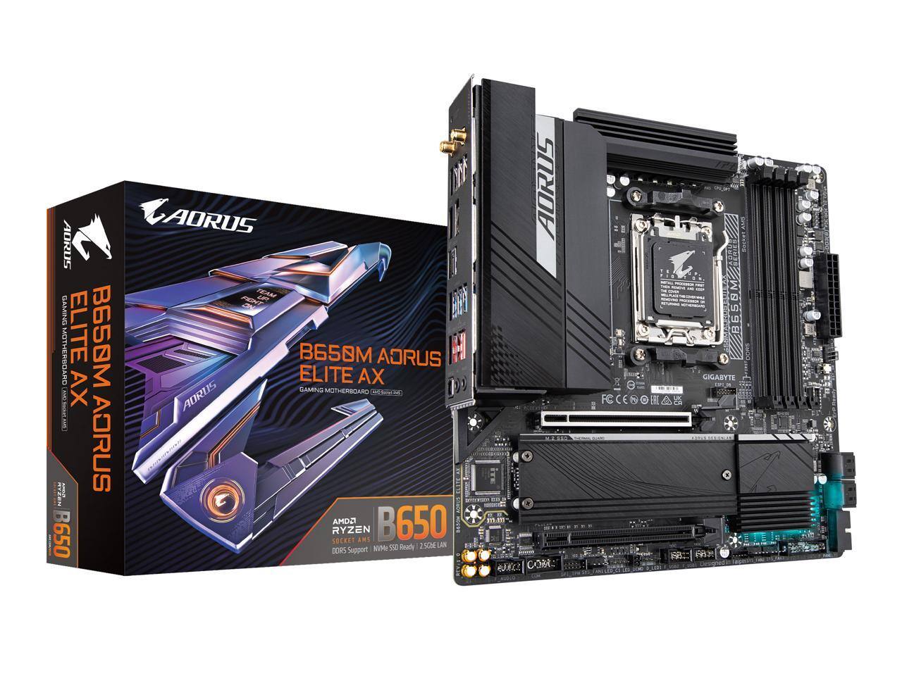 AORUS GAMING MOTHERBOARD ELITE B650M AX  
AMD RYZEN SOCKET AM5  
B650M AORUS ELITE AX  
GIGABYTE  
AMD RYZEN  
DDR5 Support  
NVMe SSD Ready  
2.5G LAN  
Designed in Taiwan  
Made in China