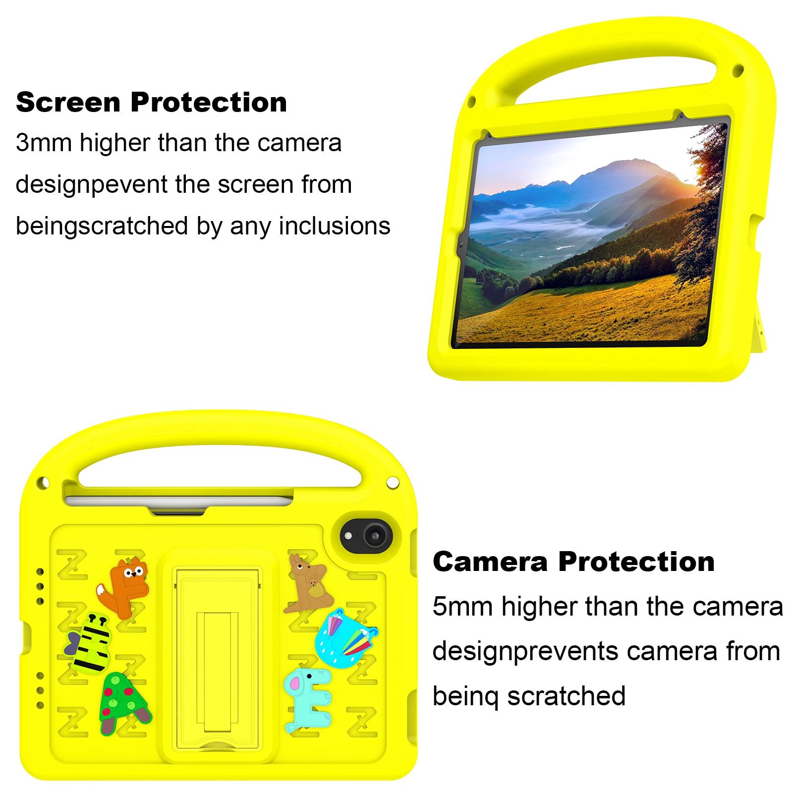 Screen Protection  
3mm higher than the camera design prevents the screen from being scratched by any inclusions  

Camera Protection  
5mm higher than the camera design prevents the camera from being scratched