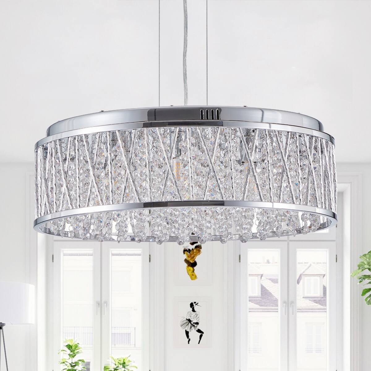 Back. Loheer - Loheer 19 inch modern crystal chandelier, chrome finish round flush mount ceiling light for dining room and kitchen.