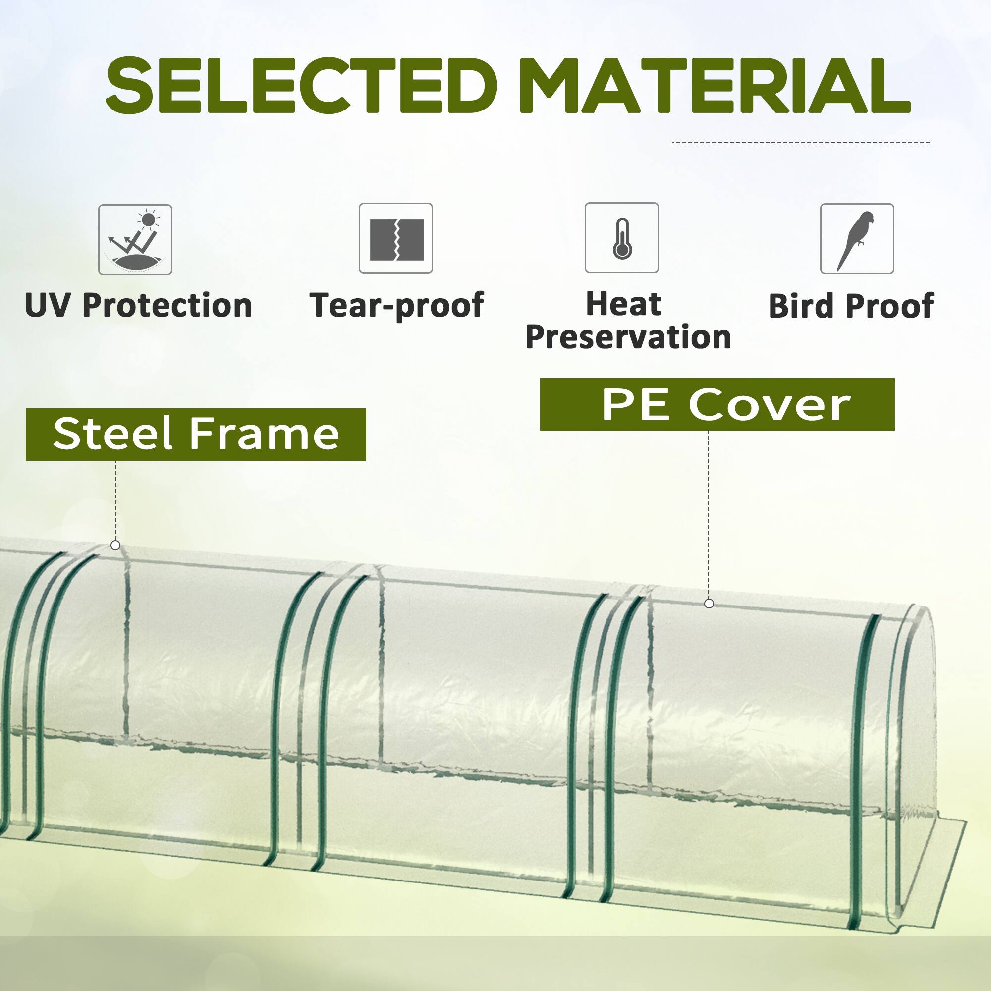 SELECTED MATERIAL

- UV Protection
- Tear-proof
- Heat Preservation
- Bird Proof

Steel Frame

PE Cover
