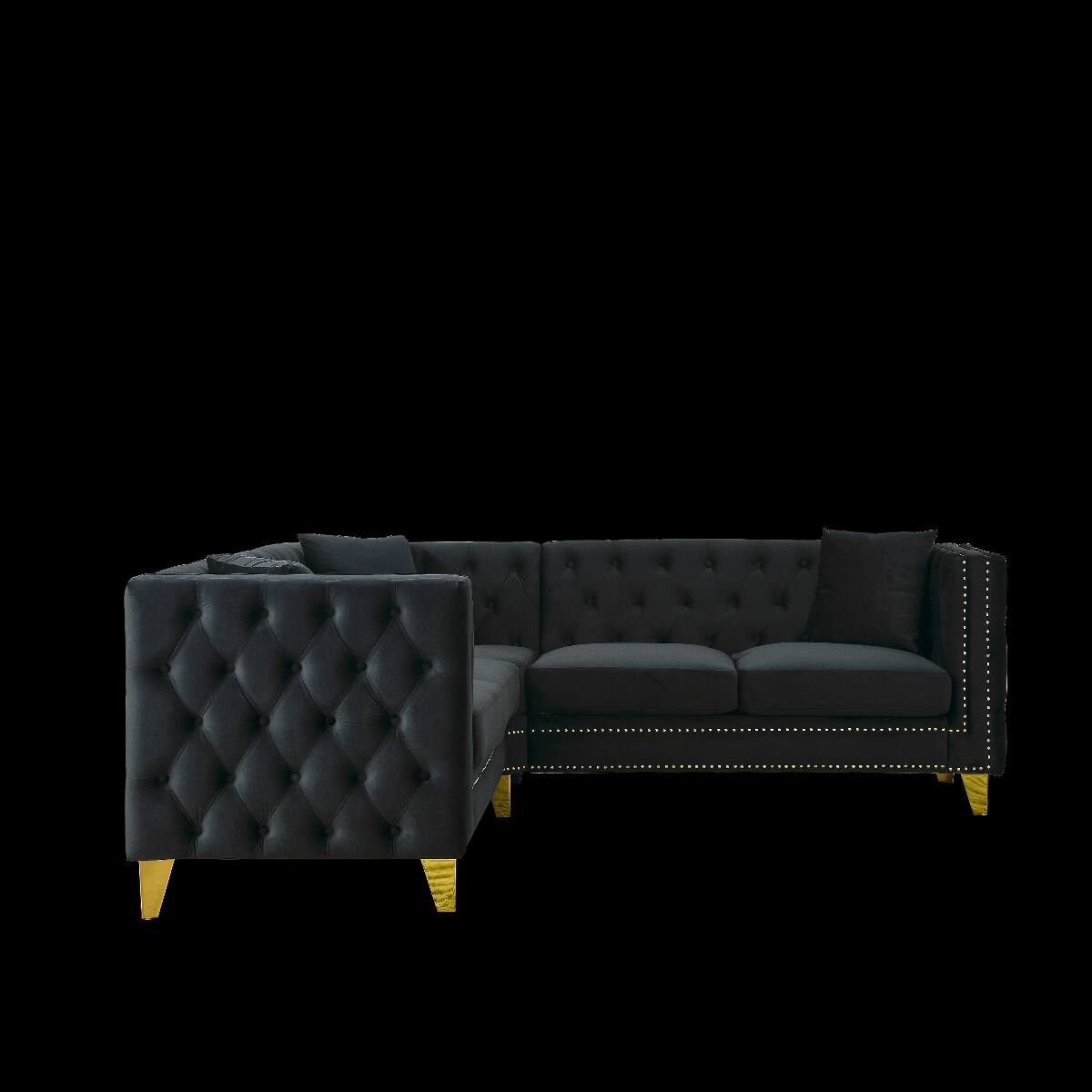 Alt View 7. Ropilly - Ropilly Velvet Corner Sofa, L Shaped Sectional Couch, Black 5 Seater Chesterfield Style Sofa - Black.