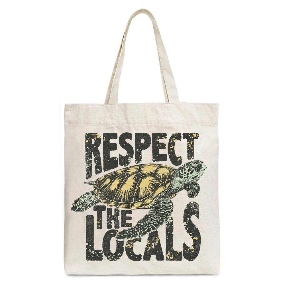 OrnamentallyYou - Respect the Locals Turtles Canvas Tote Bag, Retro Grunge Gift for Ocean and Beach Lovers - Beige