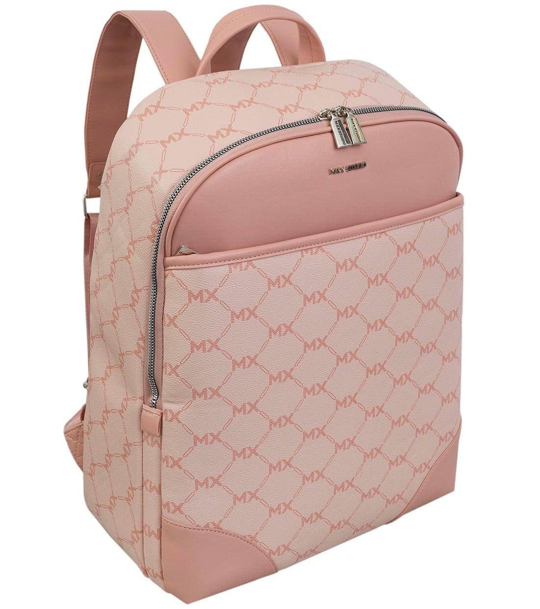Max Studio - 17 Inch Pebble Grain Signature Print Backpack with Front Zippered Pocket - Blush