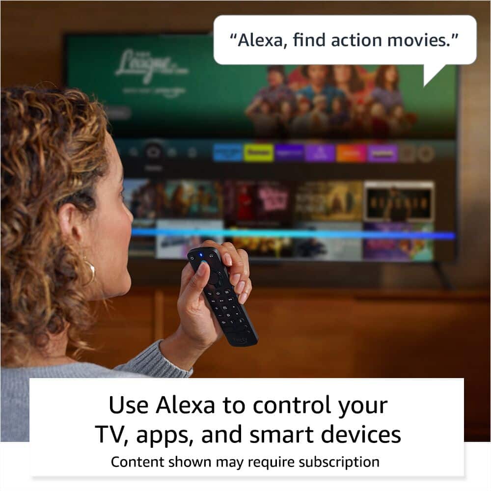 "Use Alexa to control your TV, apps, and smart devices. Content shown may require subscription."