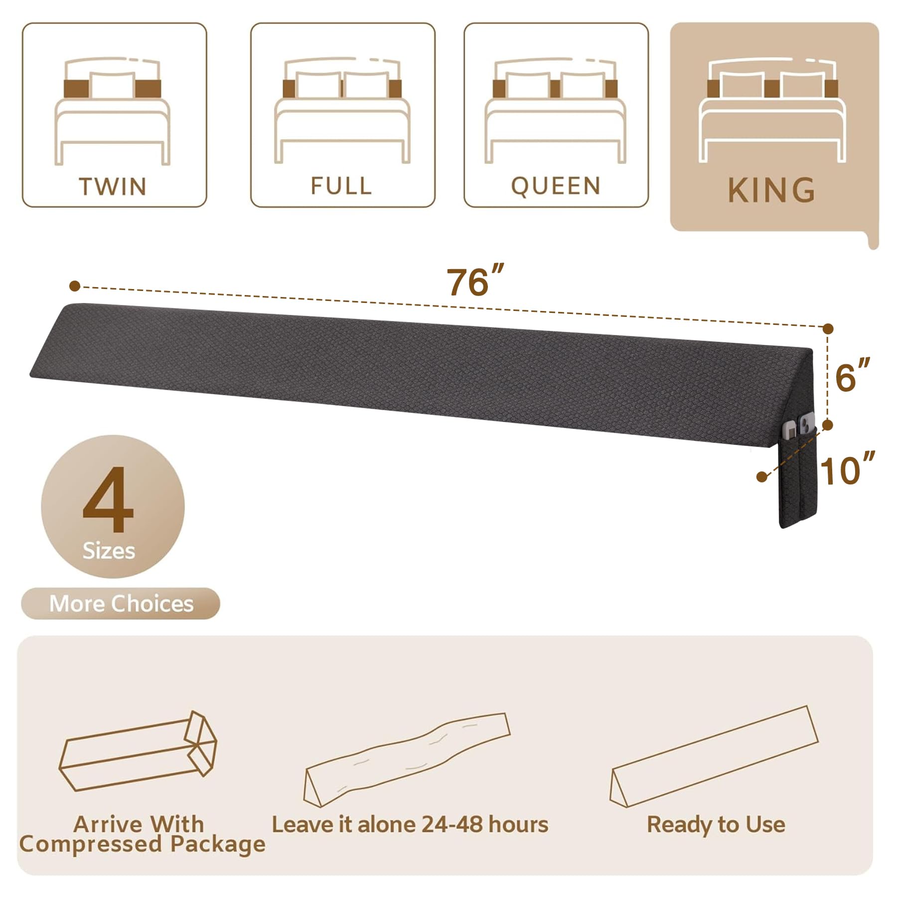 - TWIN
- FULL
- QUEEN
- KING

- 76"
- 6"
- 10"

- 4 Sizes
- More Choices

- Arrive With Compressed Package
- Leave it alone 24-48 hours
- Ready to Use